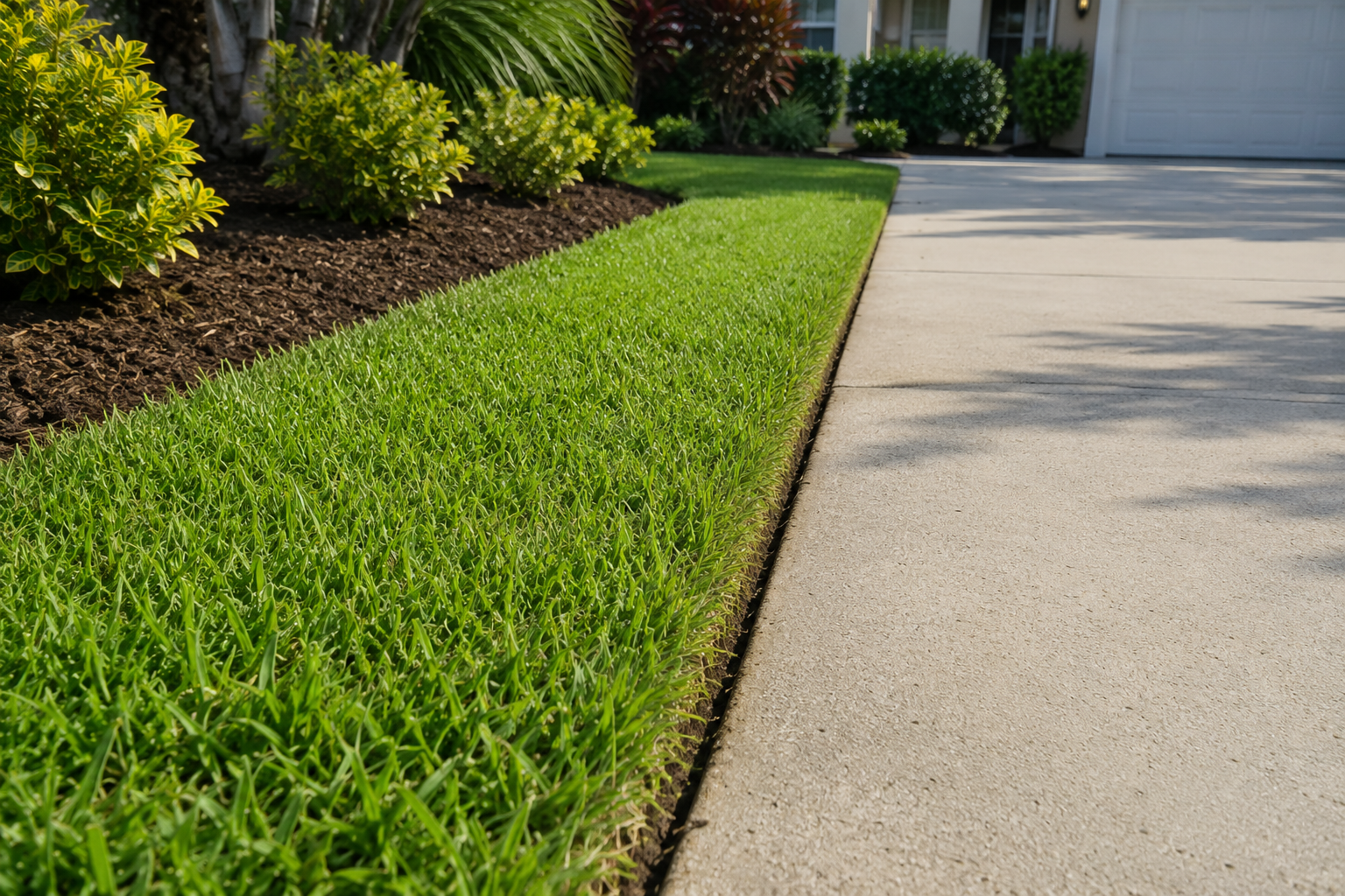Clean lawn edging along a residential driveway with sharp grass lines and a tidy sidewalk border in Port Orange, Florida.