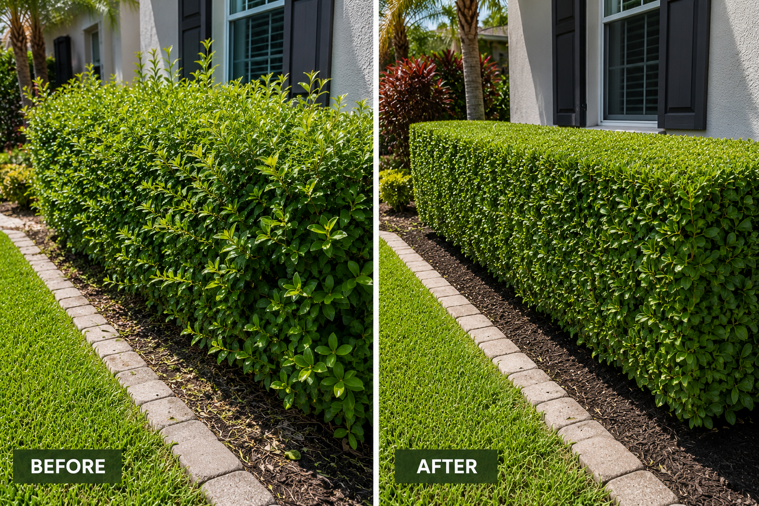 Freshly trimmed hedges and clean landscaping around a residential home in Port Orange, Florida.