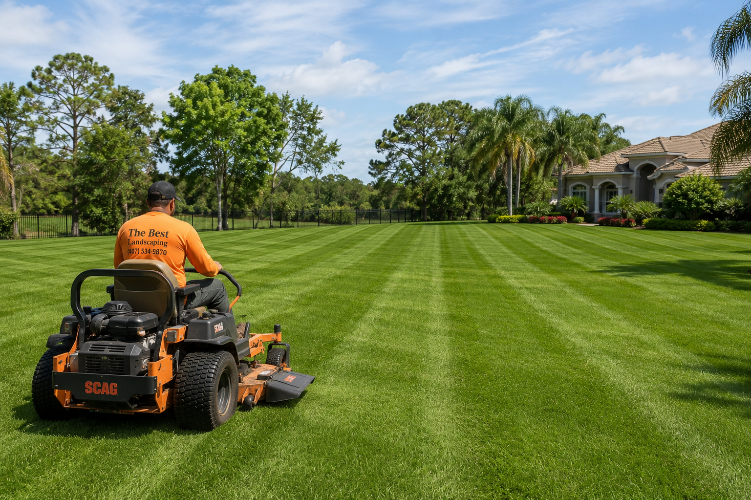 Freshly mowed lawn with clean mower stripes and a zero-turn mower at a residential property in Port Orange, Florida.
