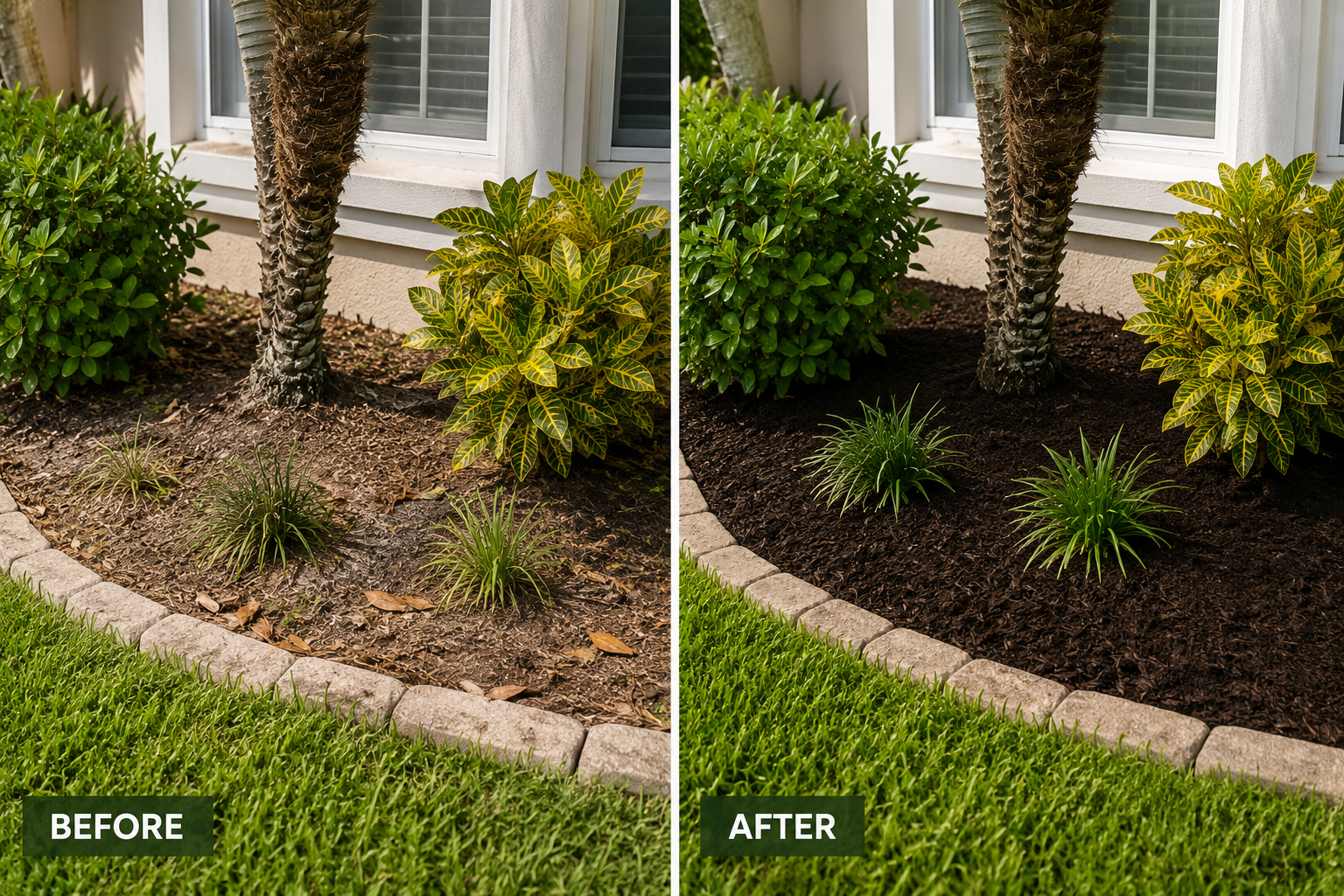 Before and after mulch bed cleanup with fresh dark mulch, clean edging, and tropical plants at a Port Orange, Florida home.