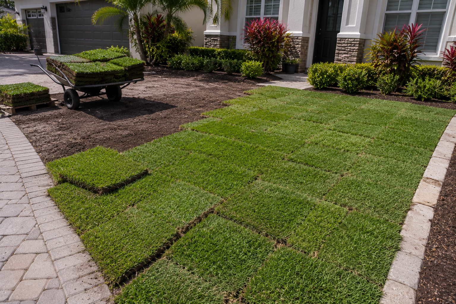 Sod installation in progress with fresh grass rolls, exposed soil, and landscaping work at a residential yard in Port Orange, Florida.