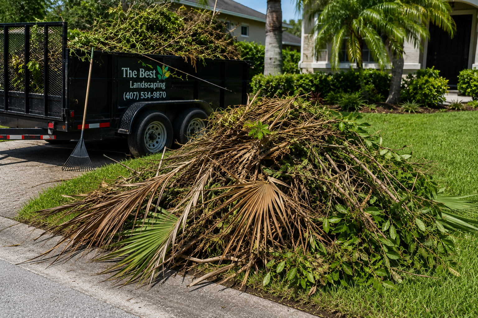 Yard cleanup debris pile with palm fronds, branches, and landscaping trailer at a residential property in Port Orange, Florida.